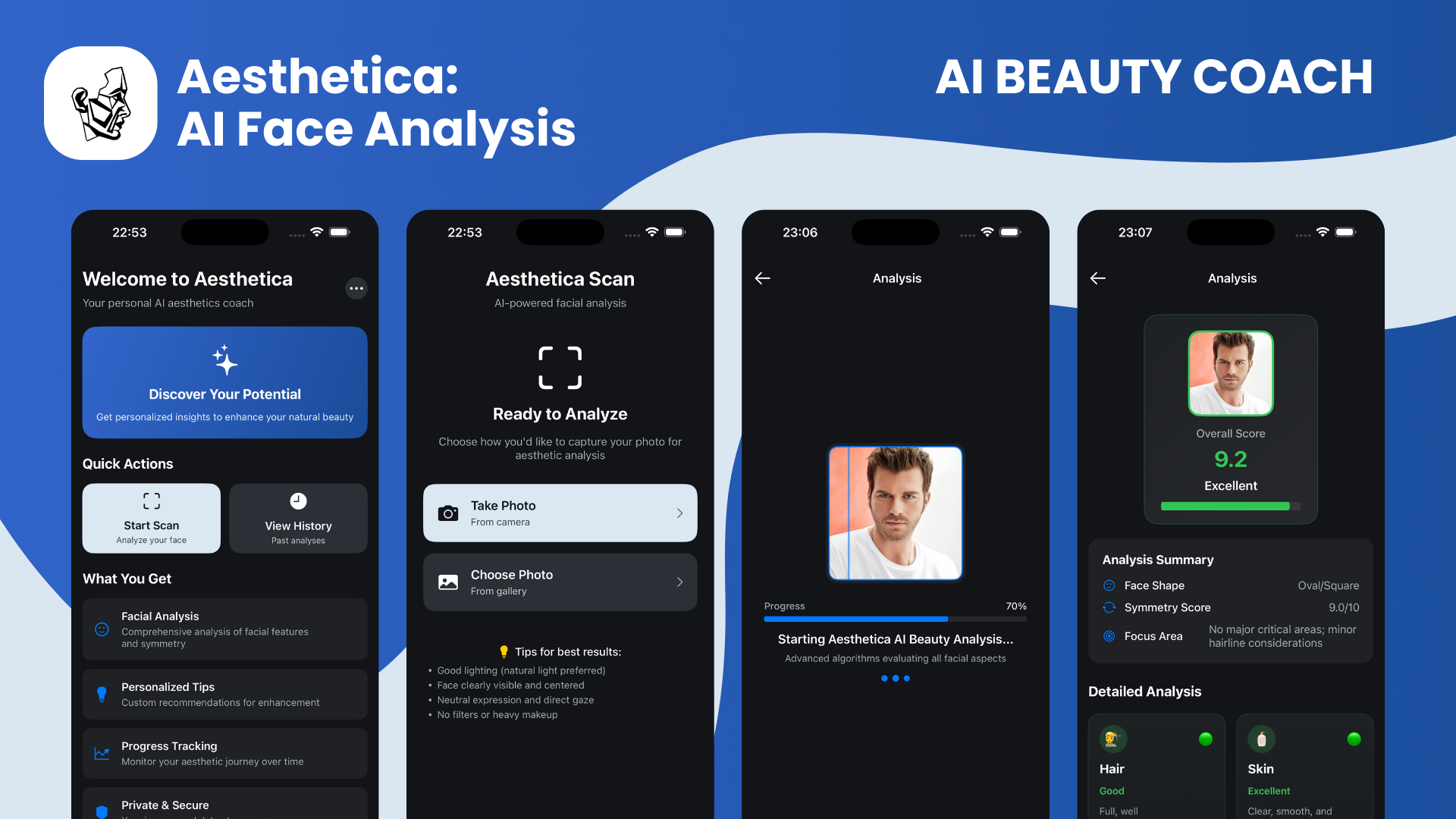 Aesthetica app showing AI face analysis results